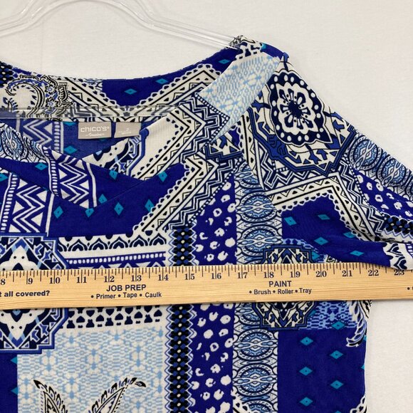 Chico's Travelers size 12/14 Blue Abstract Boho Slinky Knit 3/4 Sleeve Blouse - Picture 6 of 10